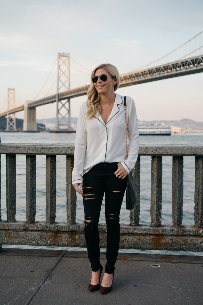 pajama top trend, classic black and white outfit, san francisco style, nordstrom anniversary sale tops, dallas fashion blogger