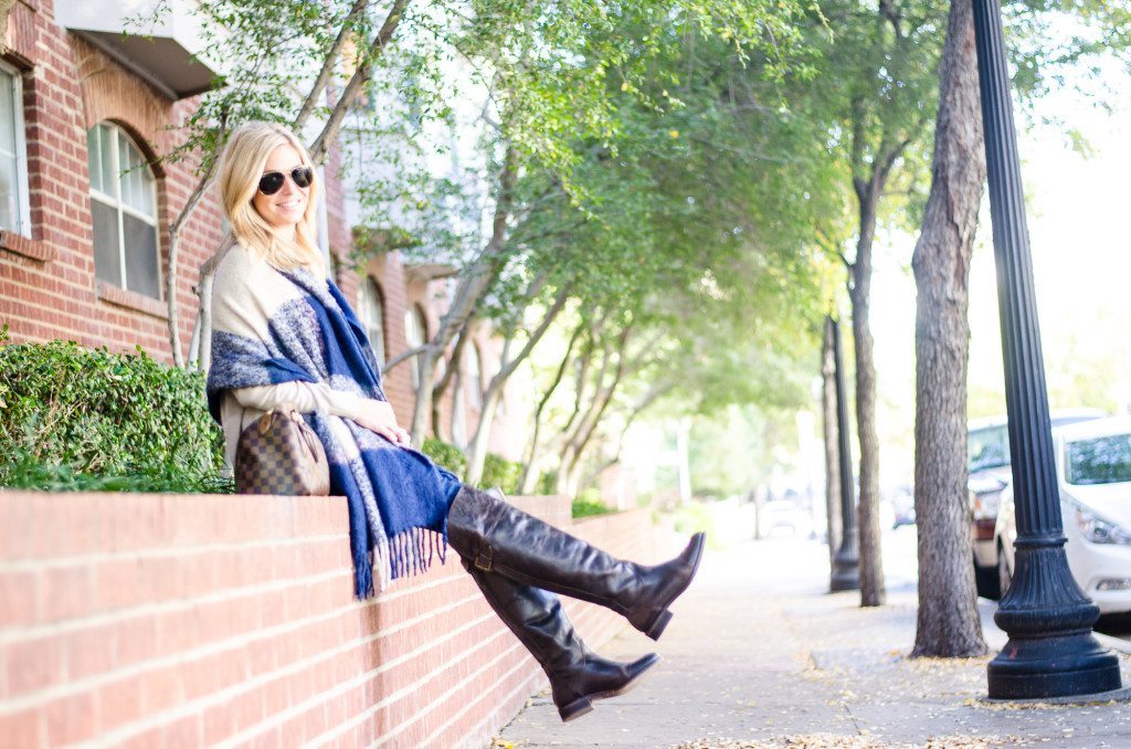 plaid blanket scarf with over the knee boots