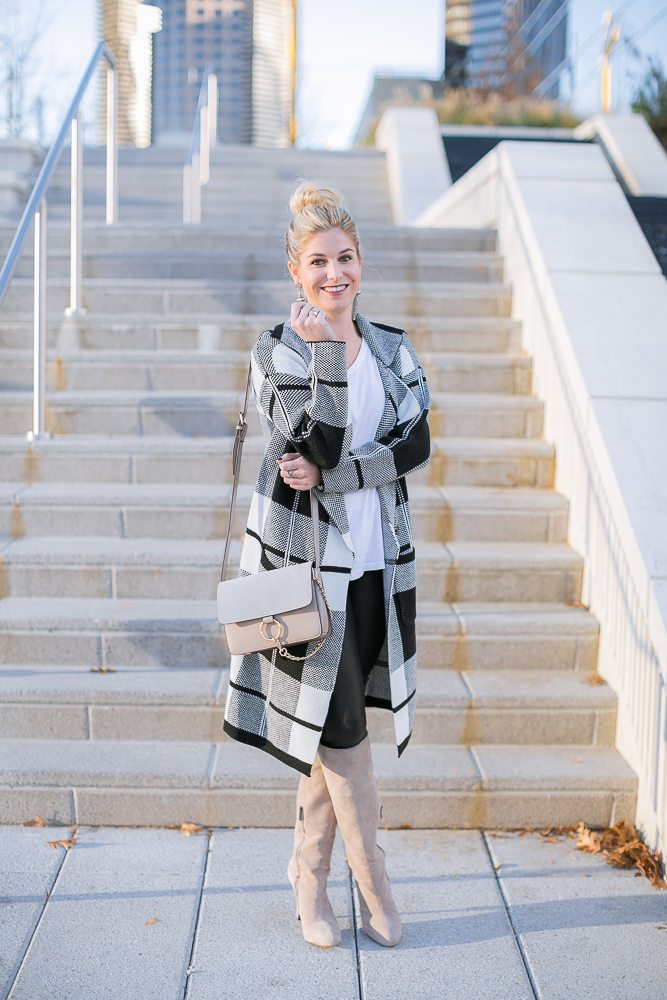 black and white check sweater jacket-gray chloe crossbody-black and white winter outfit-dallas fashion blogger