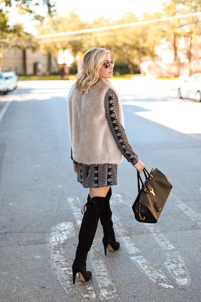 astr keyhole romper-black suede over the knee boots-tan faux fur vest-winter outfit inspiration-dallas fashion blogger