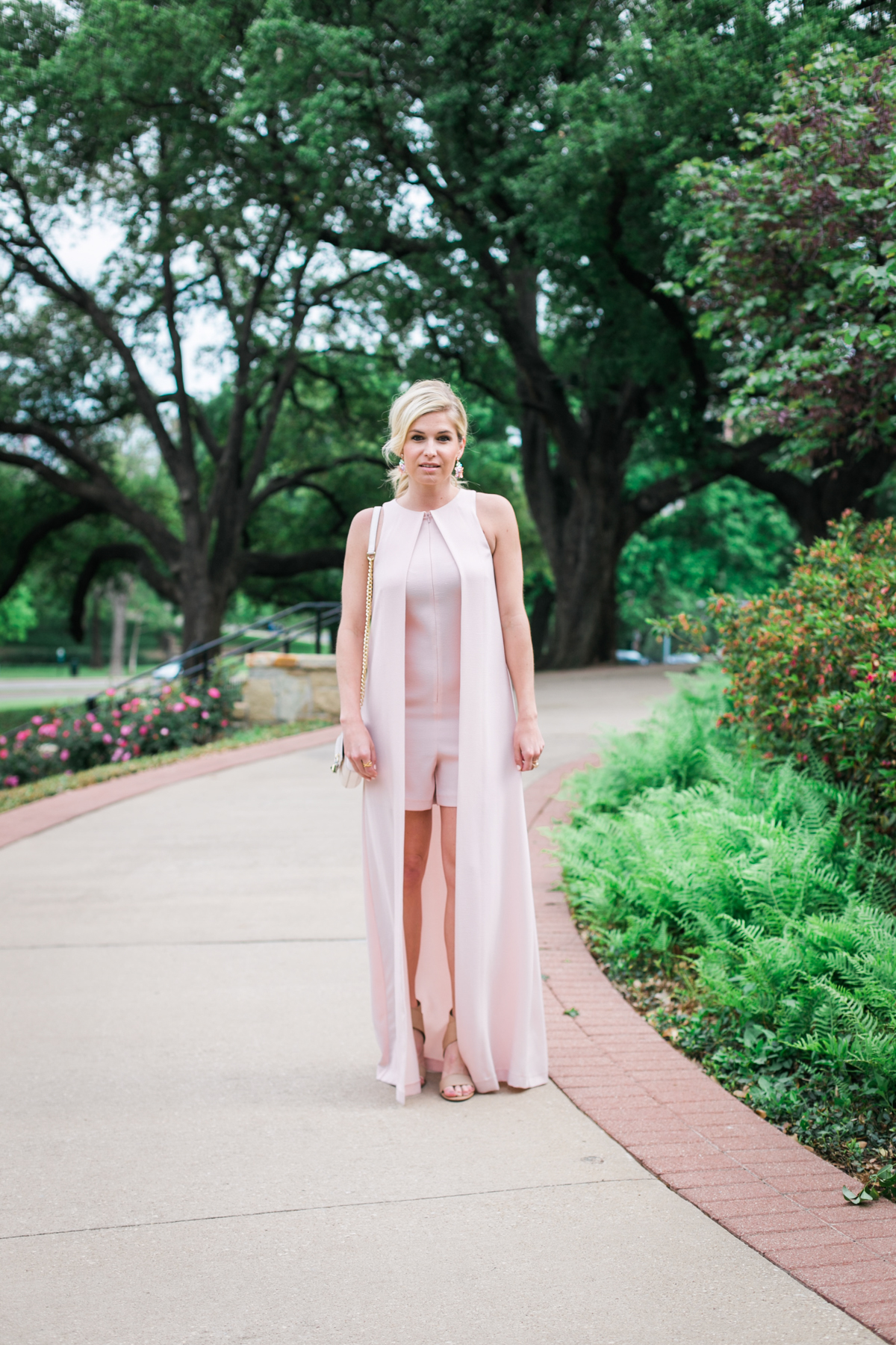 pink romper with long cape overlay-garden party outfit idea-dallas fashion blogger