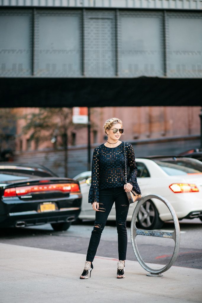 geo lace fluted blouse - navy lace bell sleeve blouse - dallas fashion blogger