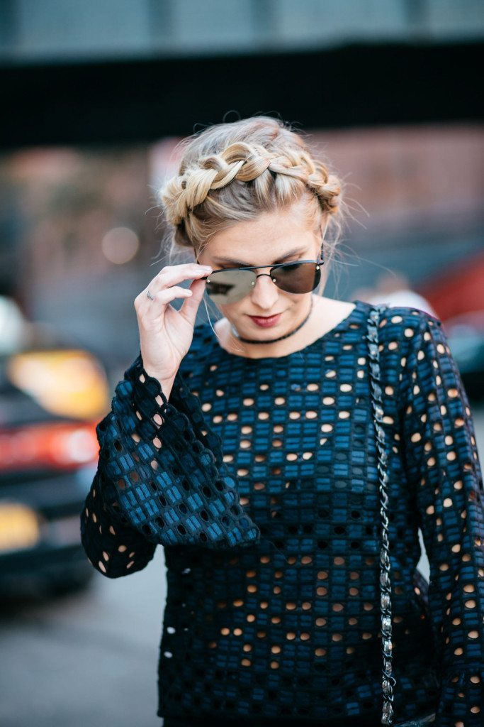 mirrored aviators - navy lace blouse