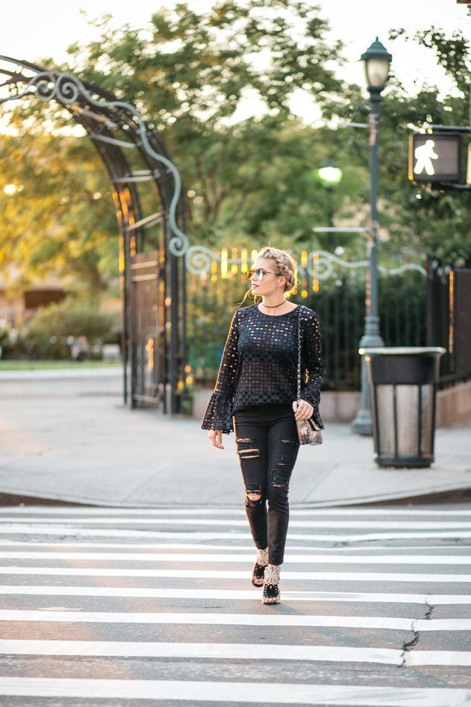 bell sleeve lace blouse - black distressed skinny jeans - nyfw 2016