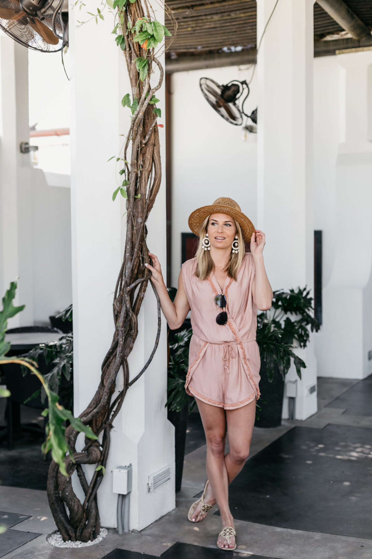 Outfit details - Pink Fringe Romper // Tory Burch Sandals // Straw Hat // Sunnies // White Earrings ...ROSEMARY BEACH 30A