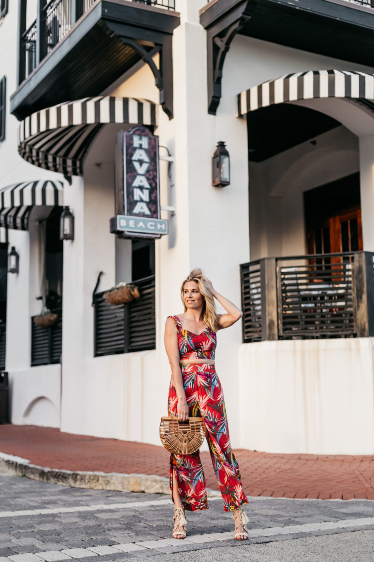 Brooke Burnett Outfit Details: Tropical Print Pants // Tropical Print Top // Strappy Sandals // Wooden Bag